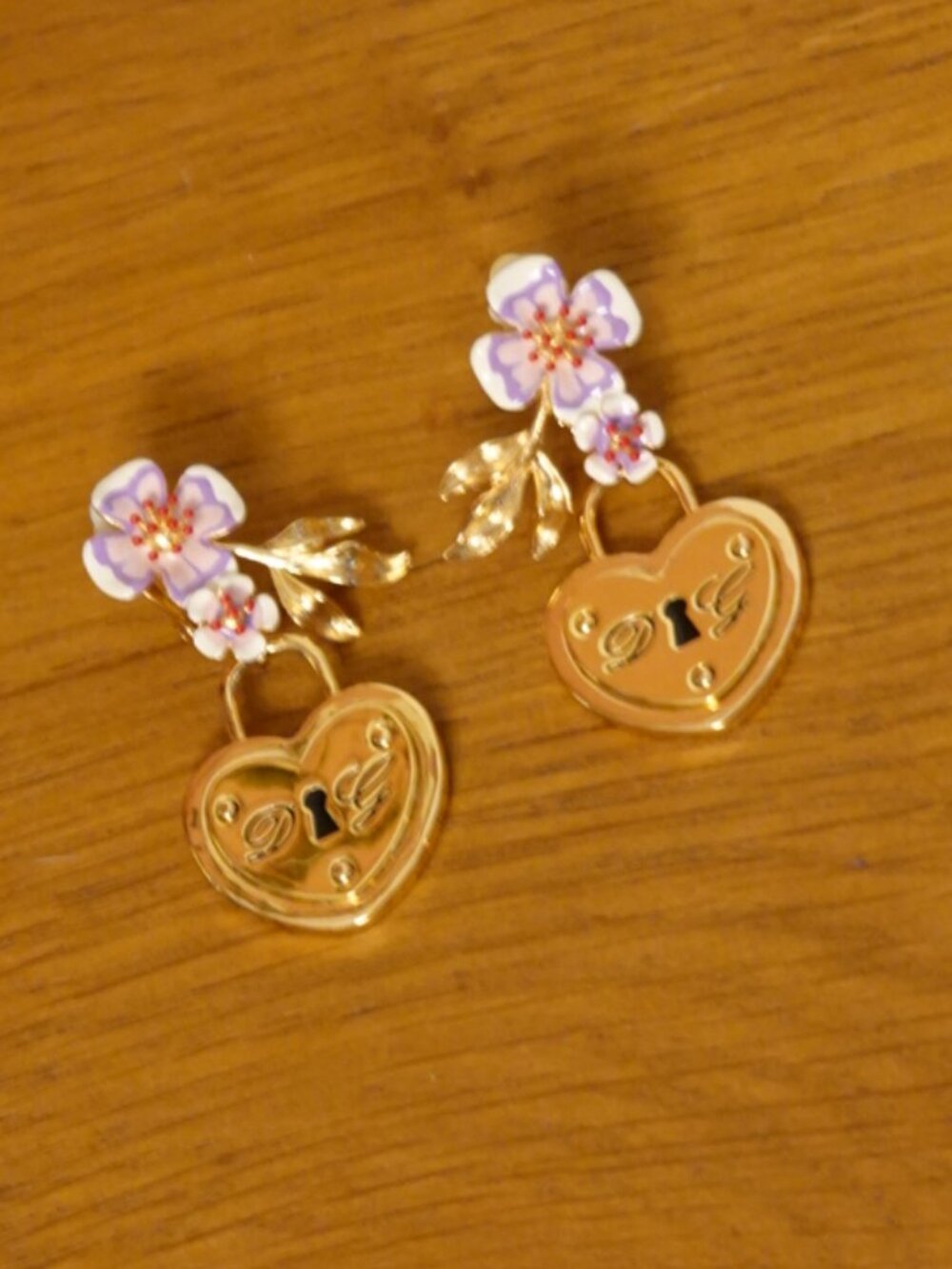 Dolce & Gabbana Enamel Floral Anagram Heart Lock Clip-On Earrings
